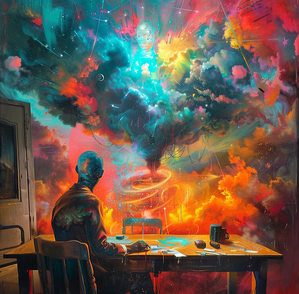 Man surrounded by vibrant splashes of color showcasing CogZart's proprietary Chromatic Scale for tracking cognitive progress effectively.