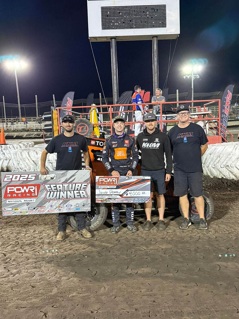 Jacob Denny in victory lane with his KKM crew; POWRi photo credit