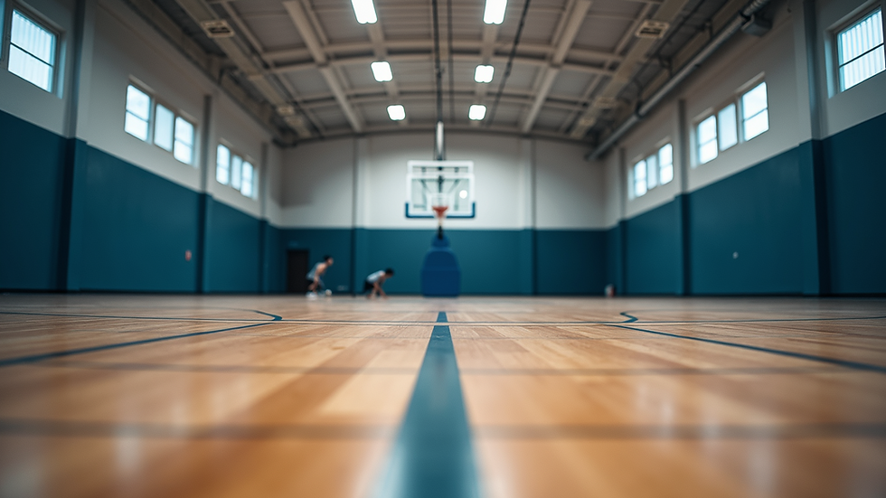 Eye-level view of an indoor basketball court with training equipment