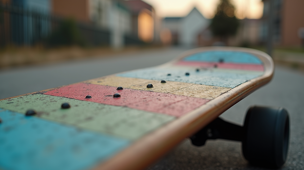 Close-up view of a skateboard deck with colorful grip tape