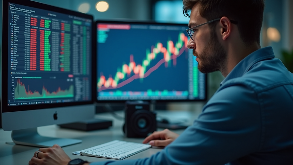 Eye-level view of a trader analyzing stock data on a computer screen