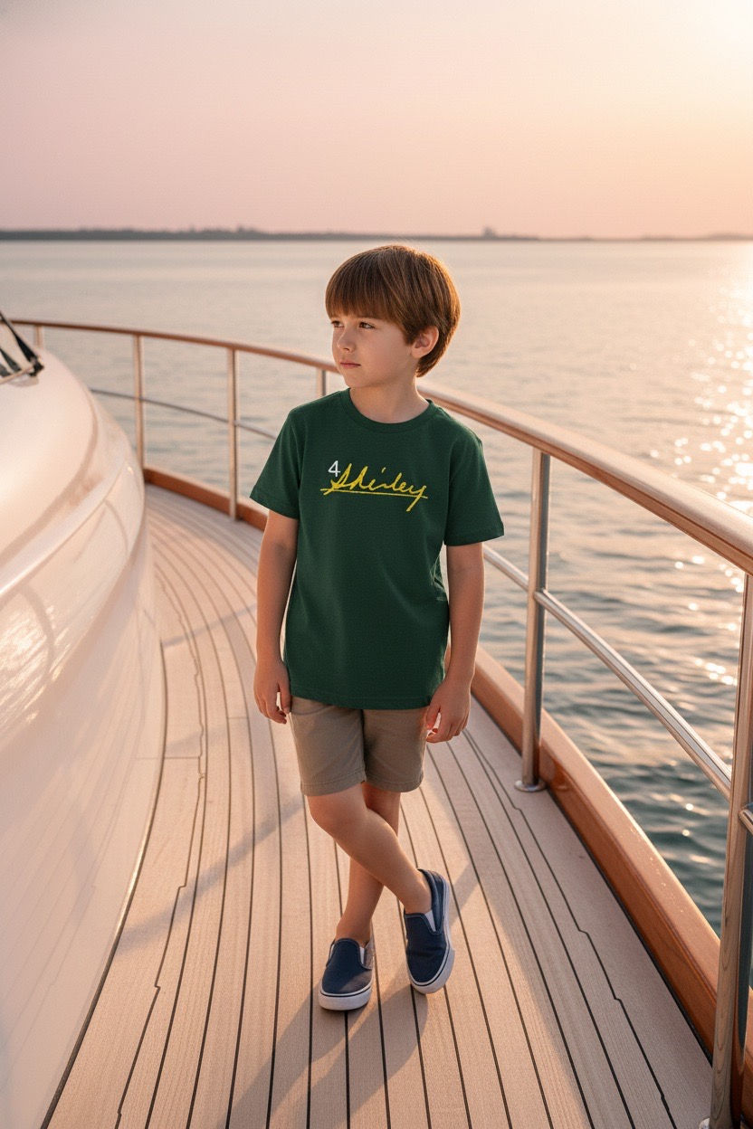 Thumbnail: Boy in 4Shirley t-shirt on yacht deck at sunset