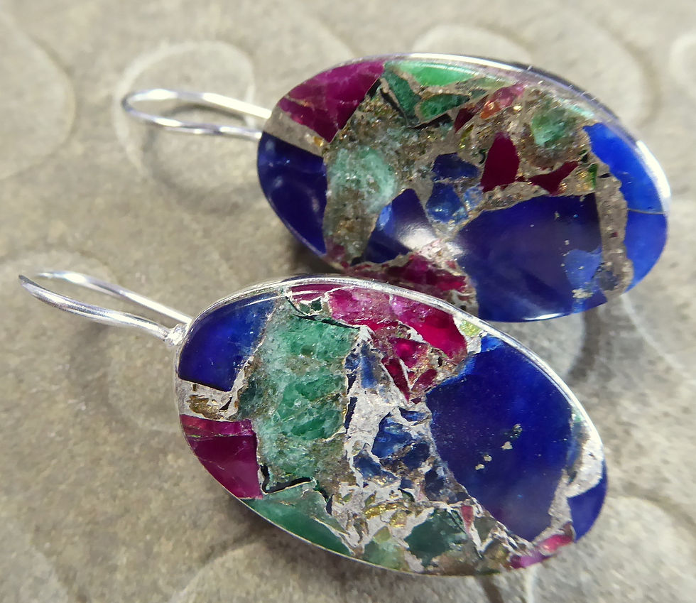 Thumbnail: 925 Solid Silver Mounted, Colourful Particle Cabochon Earrings.