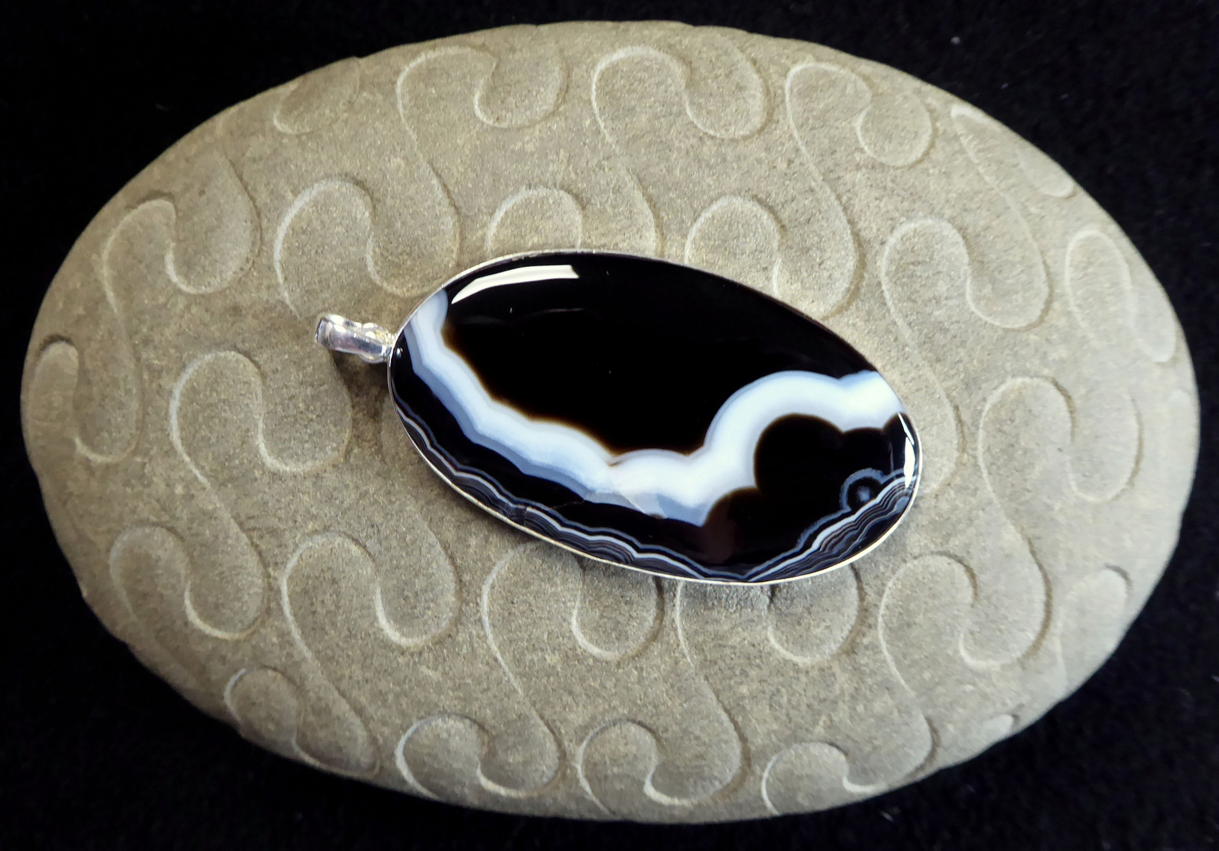 SOLD Banded Agate Cabochon, Silver Set Pendant.