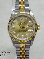 買取大吉豊田店で買取した商品の紹介です★ ROLEX LADIES DATEJUST 69173 CHAMPAGNE DIAMOND 2-TONE 18K YELLOW GOLD WATCH ★ロレックスの10Pダイヤが輝くレディース定番モデル「デイトジャスト Ref.69173G」をお買取りしました♪