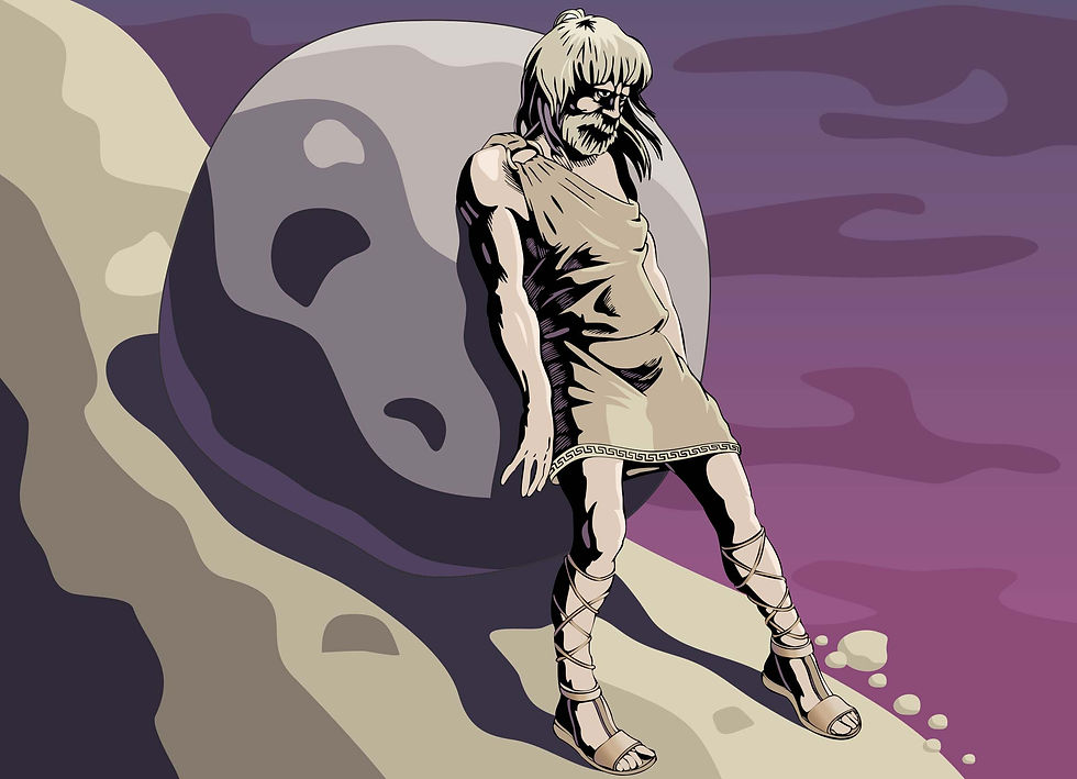 Sisyphus pushing a boulder uphill