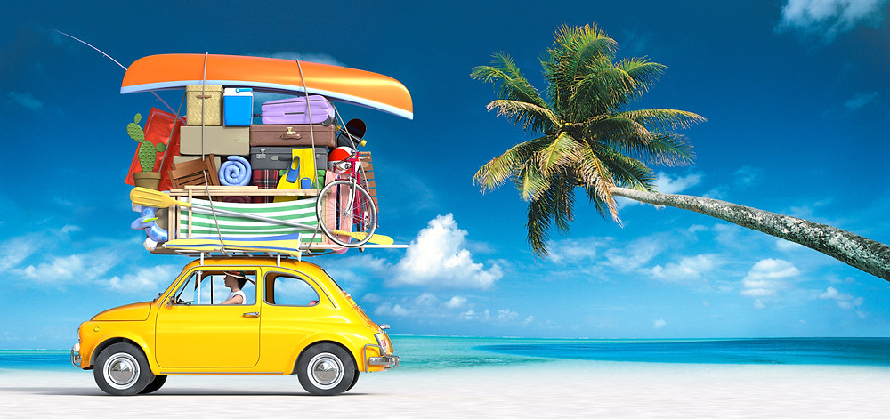 packed car headed for vacation on the beach