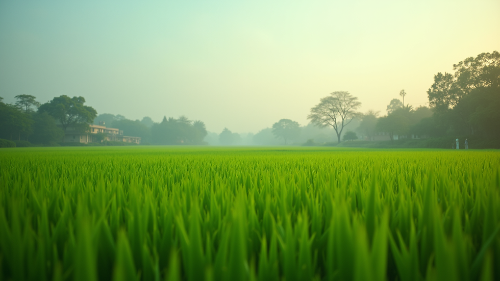 Wide angle view of a lush green farm in India