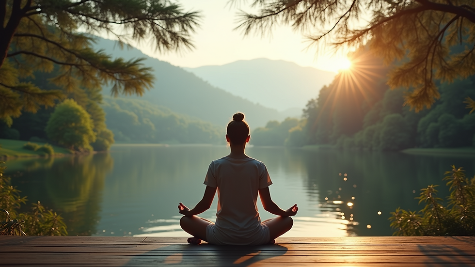 Eye-level view of a person meditating in a serene environment