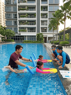 kids are having private swimming lessons at the condo and they are having fun