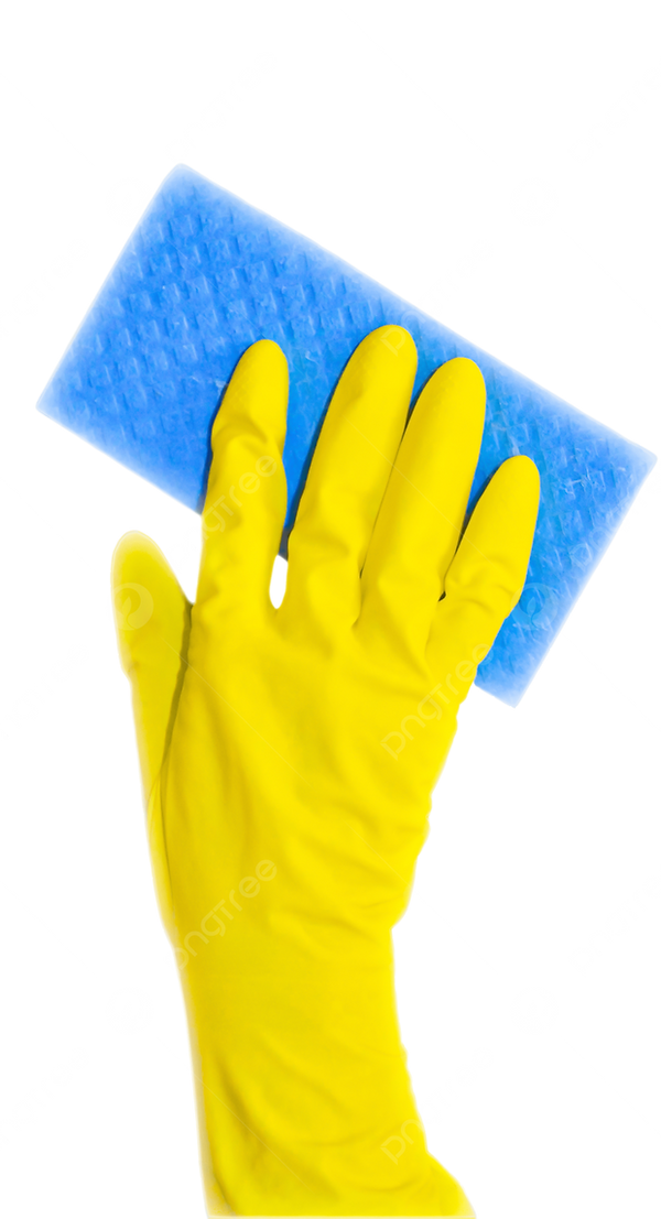 Uma mão com luva de plastico de EPI segurando uma esponja