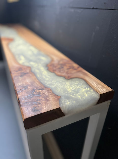 Burr Elm Console Table with Ghost Green Resin Alderwood Studios