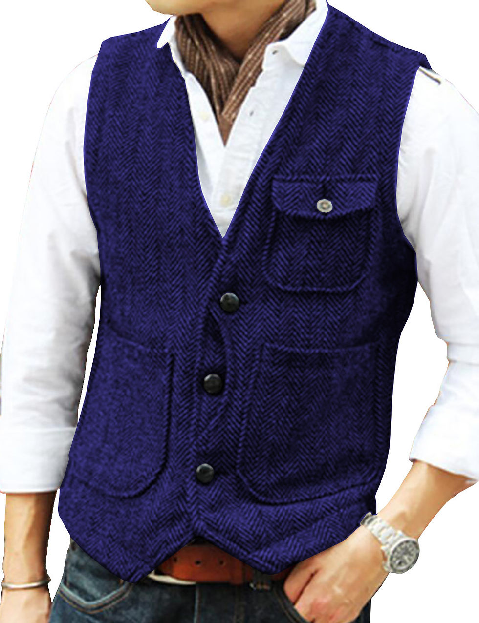 Miniatura: In Stock Vest Men's Casual Tooling Formal Herringbone Tweed Brown v Neck Wool