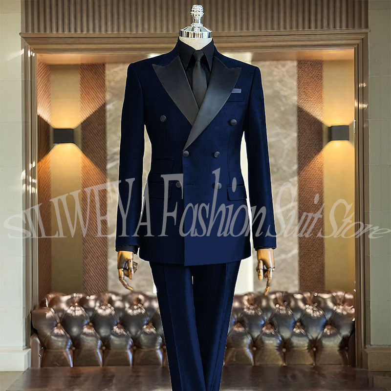Miniatura: Gentleman Suit 2 Piece Slim Fit Double Breasted Wedding Groom Black Suit Peak