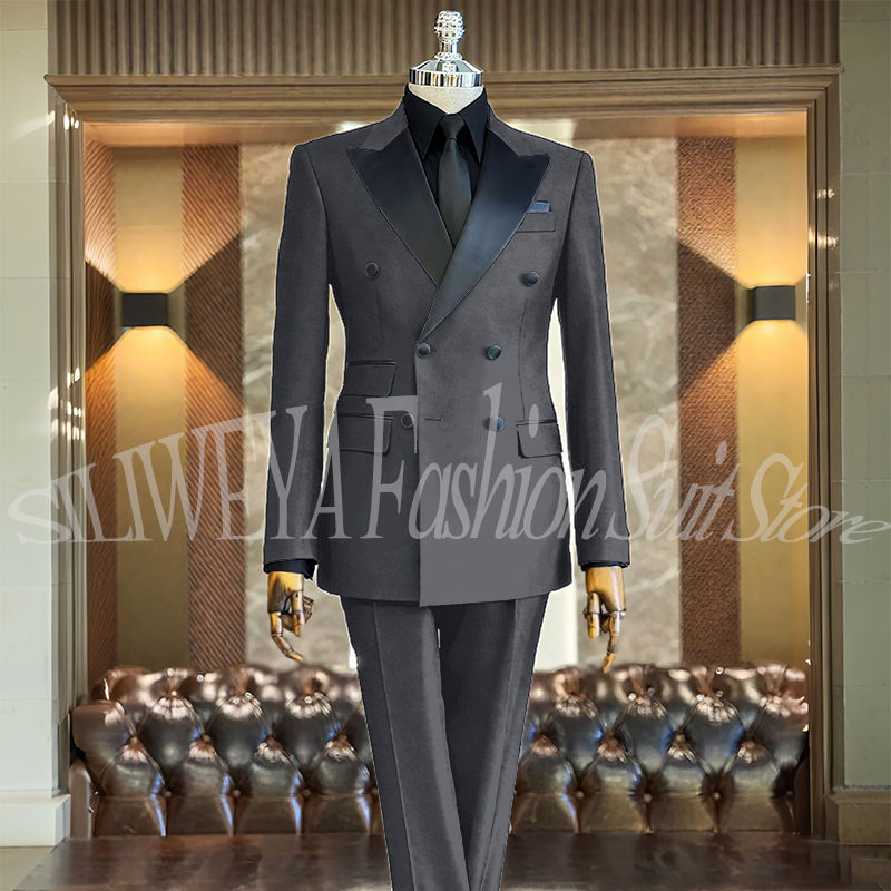 Miniatura: Gentleman Suit 2 Piece Slim Fit Double Breasted Wedding Groom Black Suit Peak