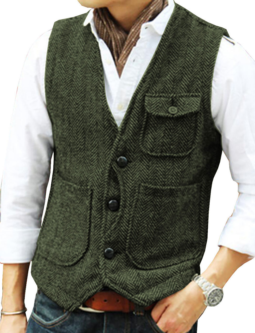 Miniatura: In Stock Vest Men's Casual Tooling Formal Herringbone Tweed Brown v Neck Wool