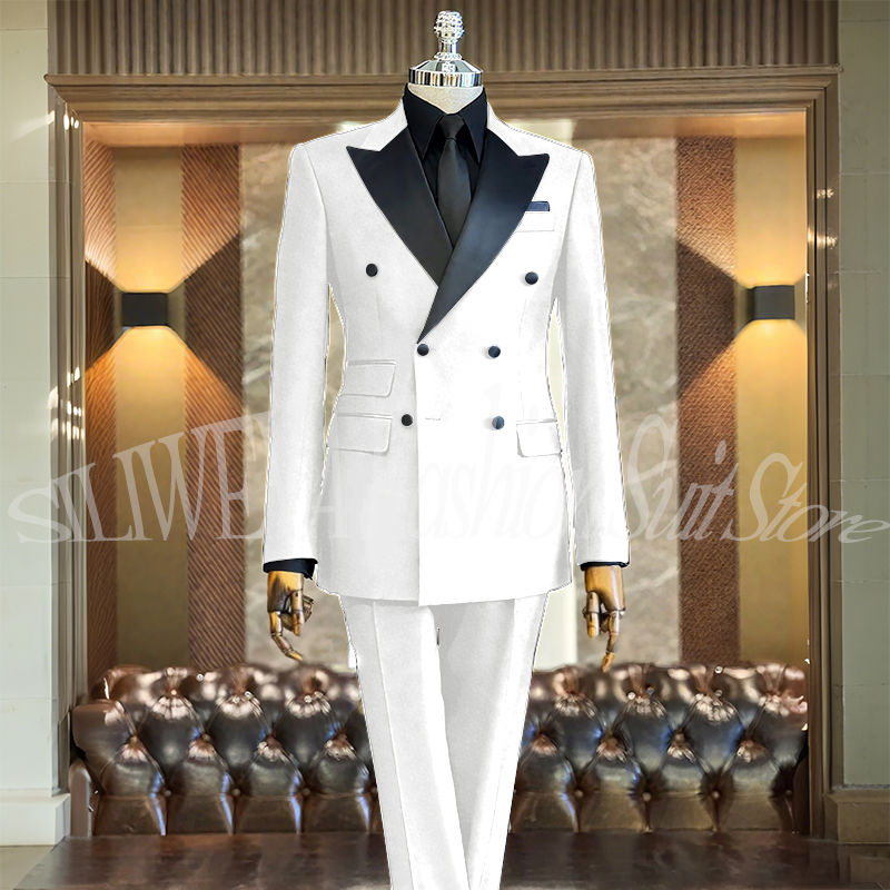 Miniatura: Gentleman Suit 2 Piece Slim Fit Double Breasted Wedding Groom Black Suit Peak