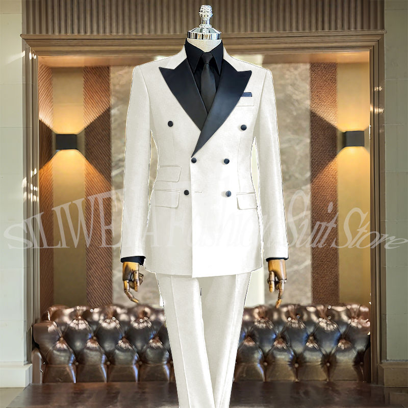 Miniatura: Gentleman Suit 2 Piece Slim Fit Double Breasted Wedding Groom Black Suit Peak