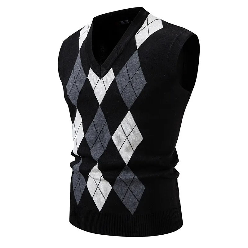 Miniatura: Autumn Men's Sleeveless v Neck Pullover Sweater Slim Fit Argyle Sweater Vest