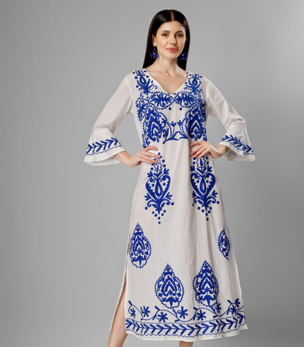 限定色☆Cotton Aari Embroidery Stripe Dress COTTON LONG DRESS WITH
