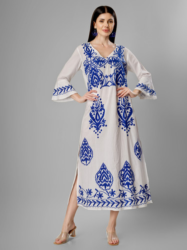COTTON LONG DRESS WITH BLUE ARI EMBROIDERY | Saaz Kashmir