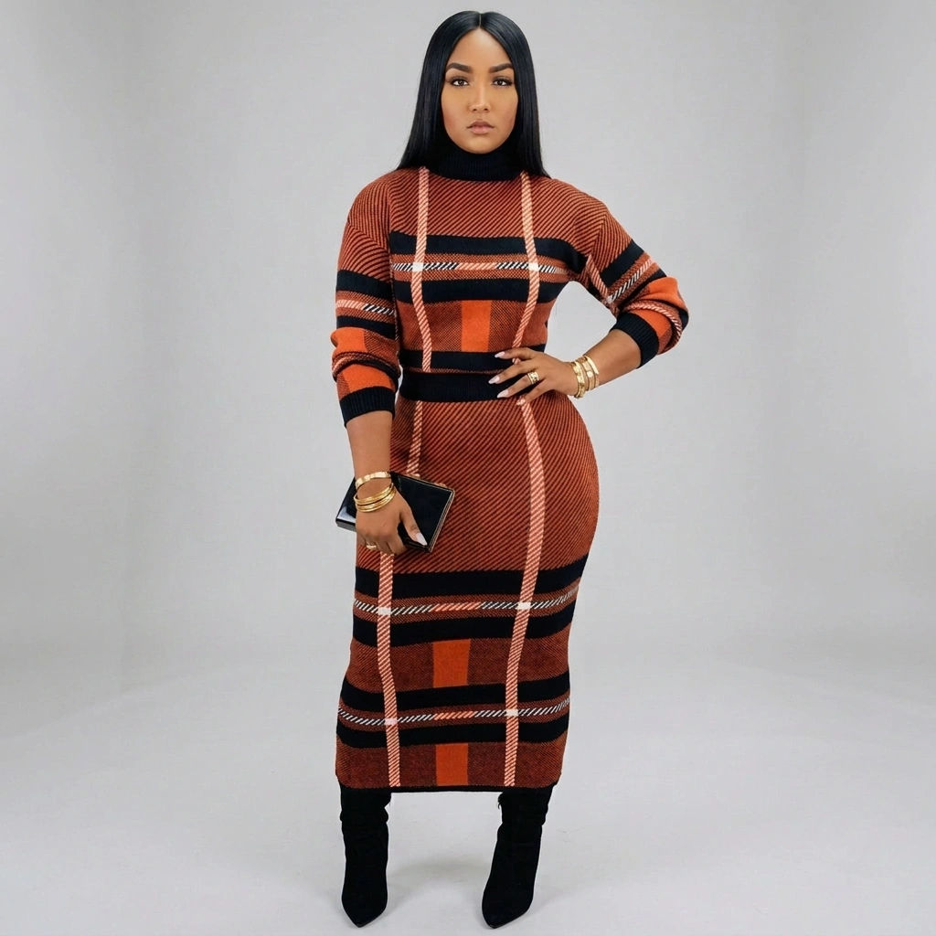 Gridline Turtleneck Dress
