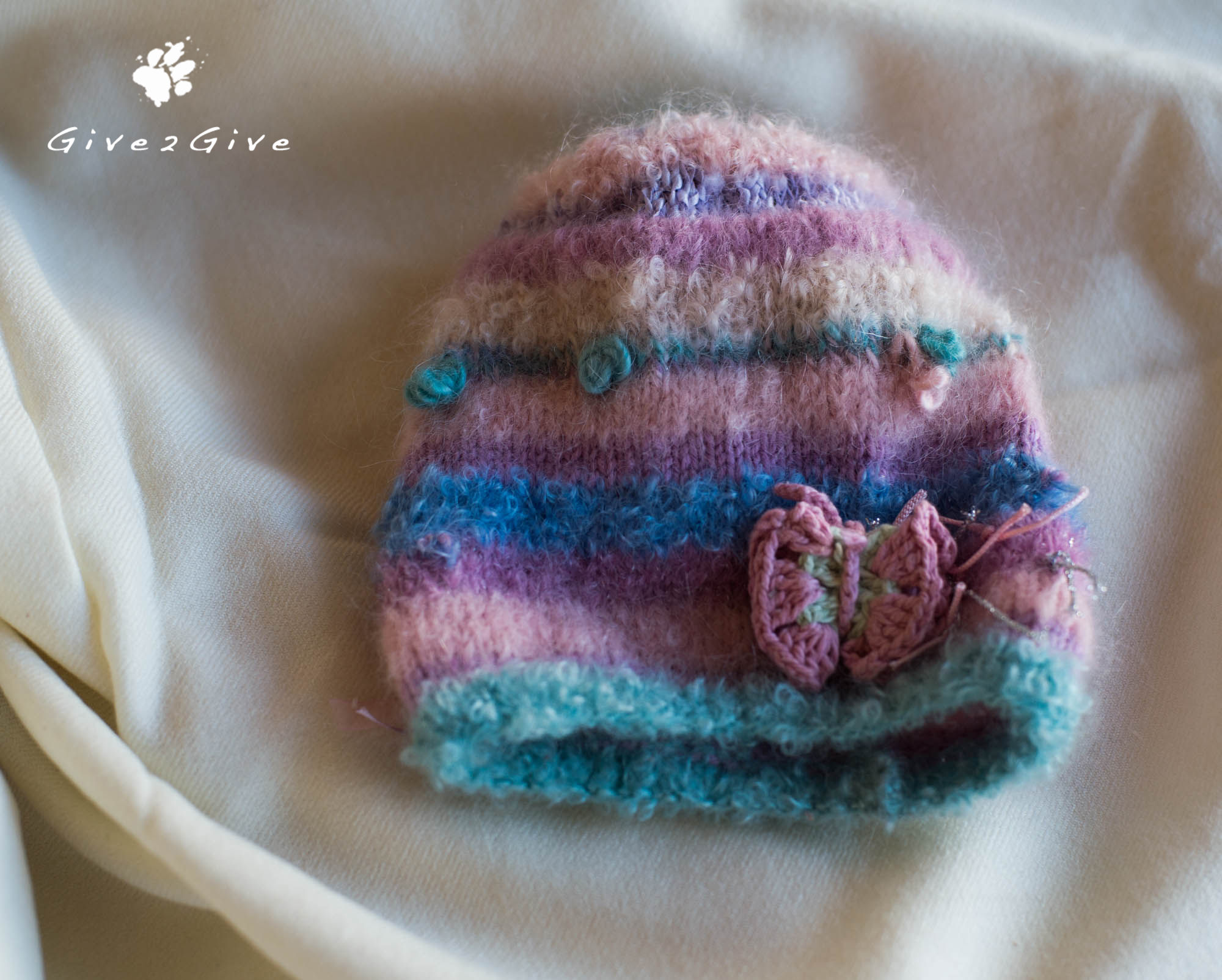 Give2Give - Pink Mohair wool Baby Beanie butterfly