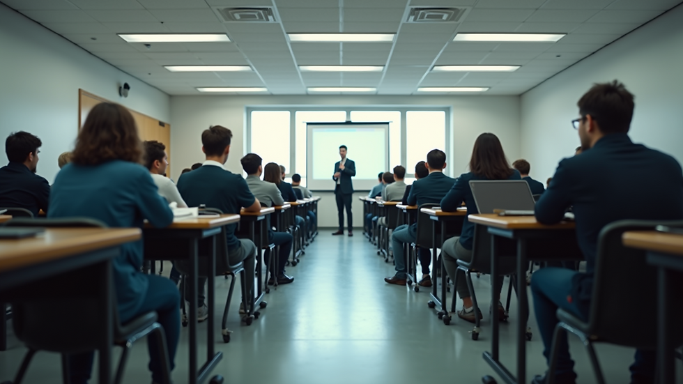 Eye-level view of a driving school classroom with students learning