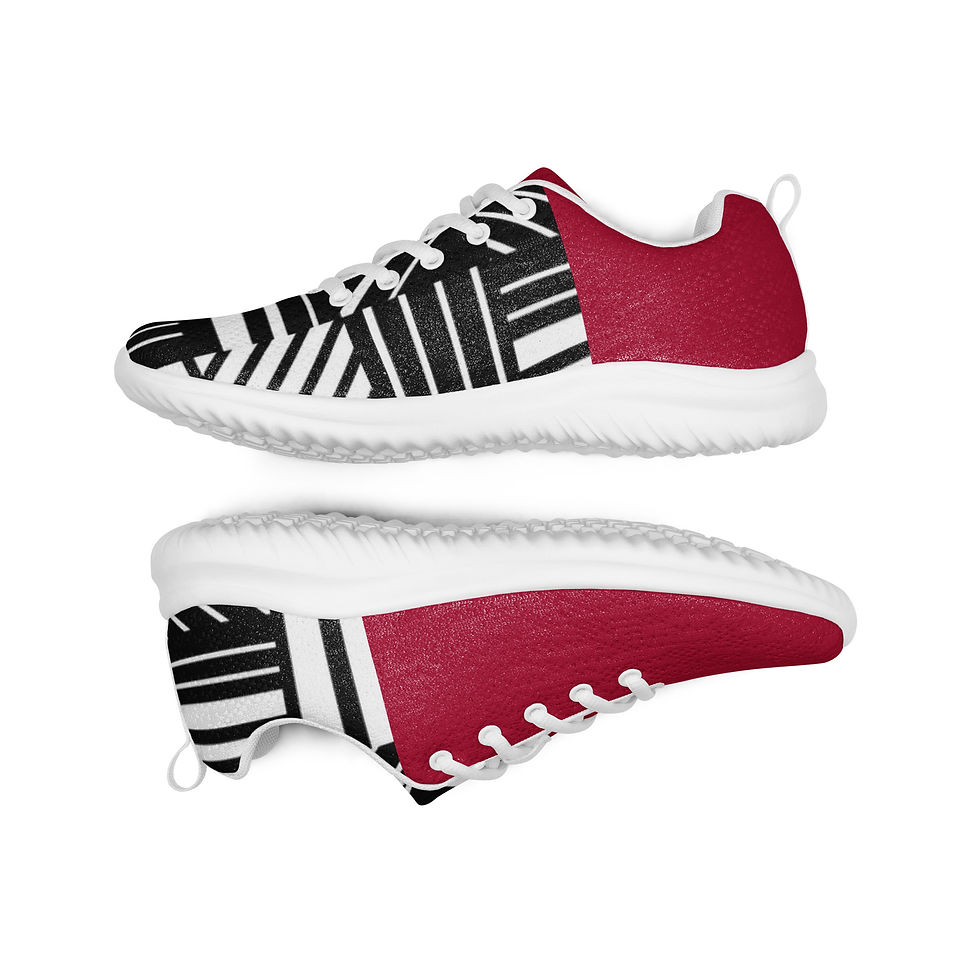 Thumbnail: Side and sole view of Jus Bacchanal sneakers showing red front and bold geometric black-and-white design."