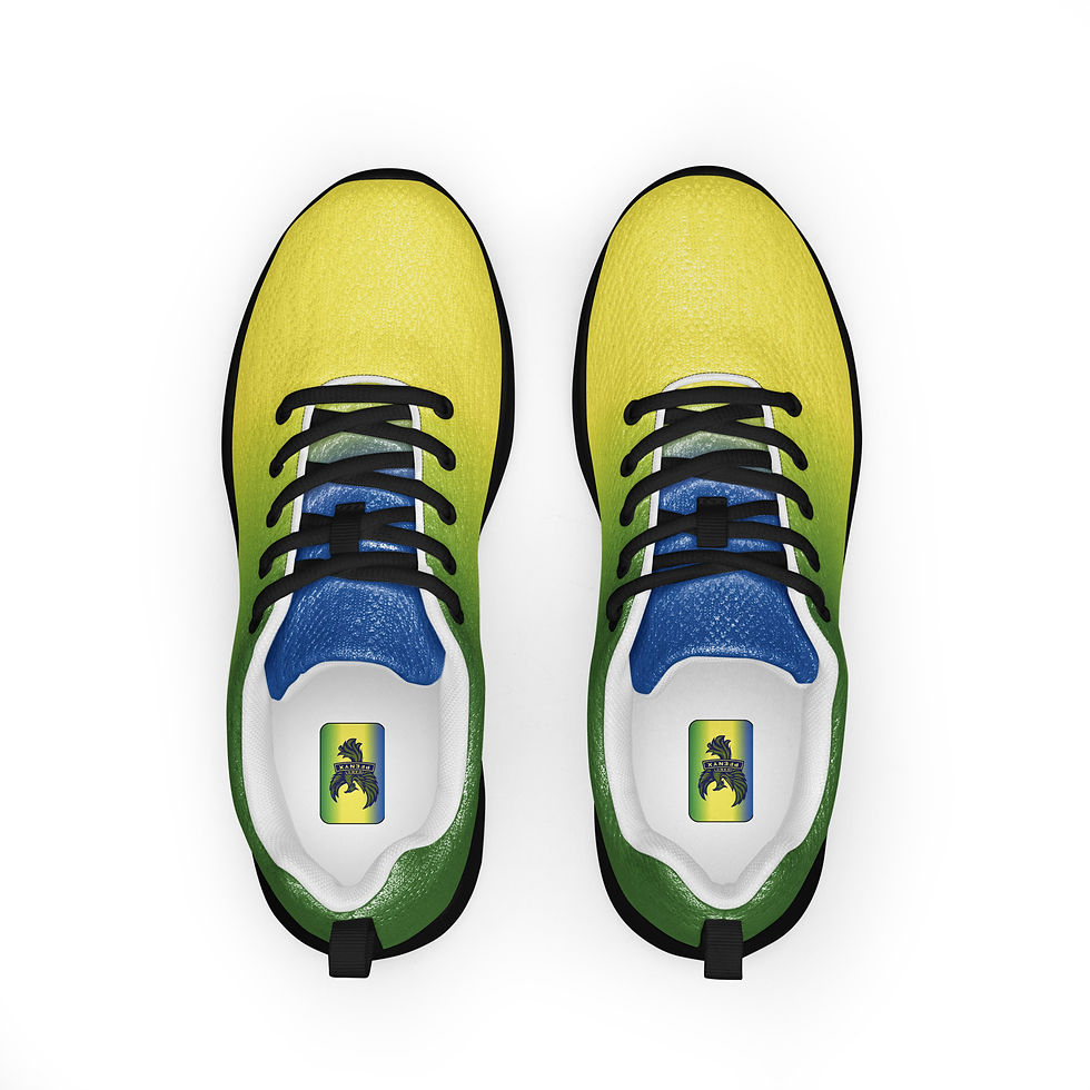 Thumbnail: "Top view of Vincy Liming sneakers with yellow toe, blue tongue, and black laces, logo visible on insoles."