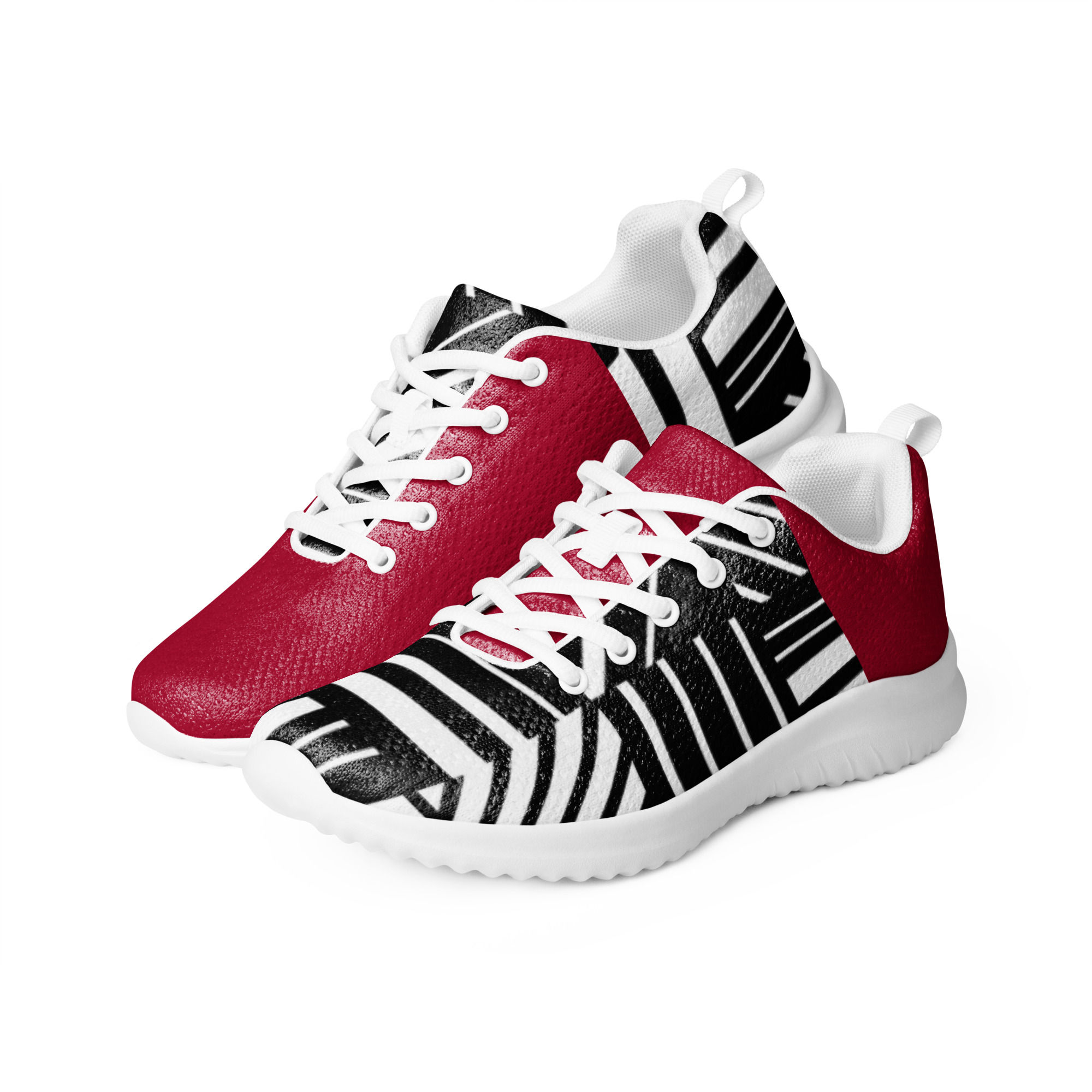 Men’s Caribbean festival sneakers – Jus Bacchanal by Darc Pfenyx – red with black & white stripes high-energy style