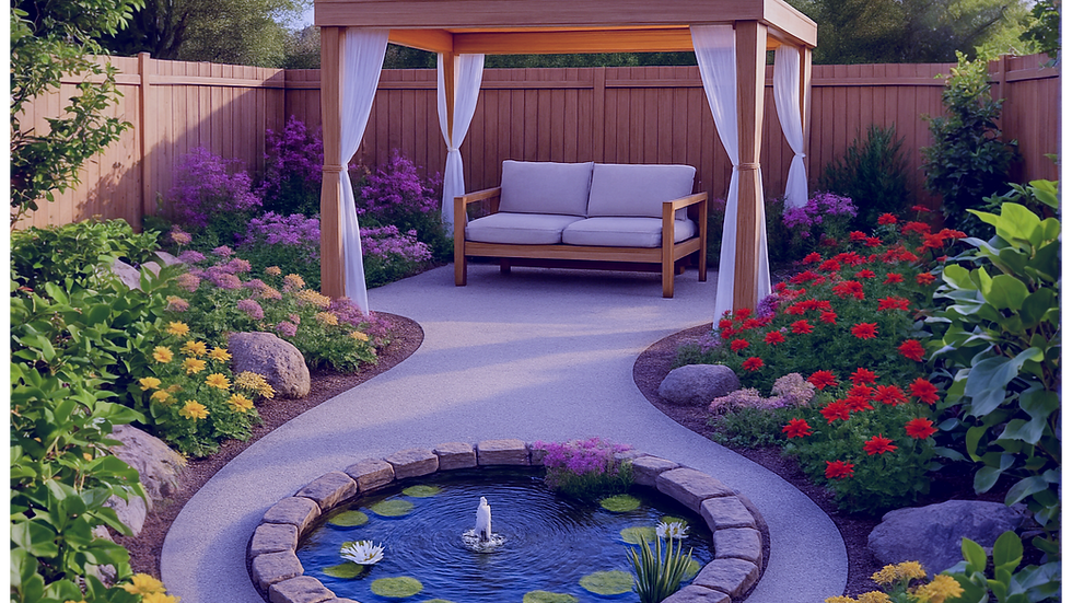 A charming garden view featuring a mosquito-netted pergola overlooking a serene dragonfly pond, surrounded by vibrant flowers and lush greenery.