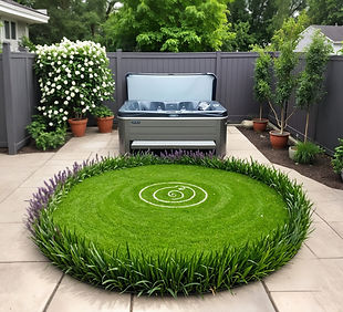 upscale backyard with composite privacy fencing. a 10 foot circle of moss is surrounded by