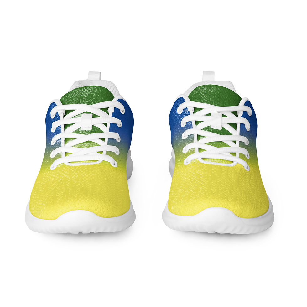 Thumbnail: Men’s Caribbean gradient heritage sneaker – Karib Flow by Darc Pfenyx – yellow toe, green tongue, blue heel with Vincy pride