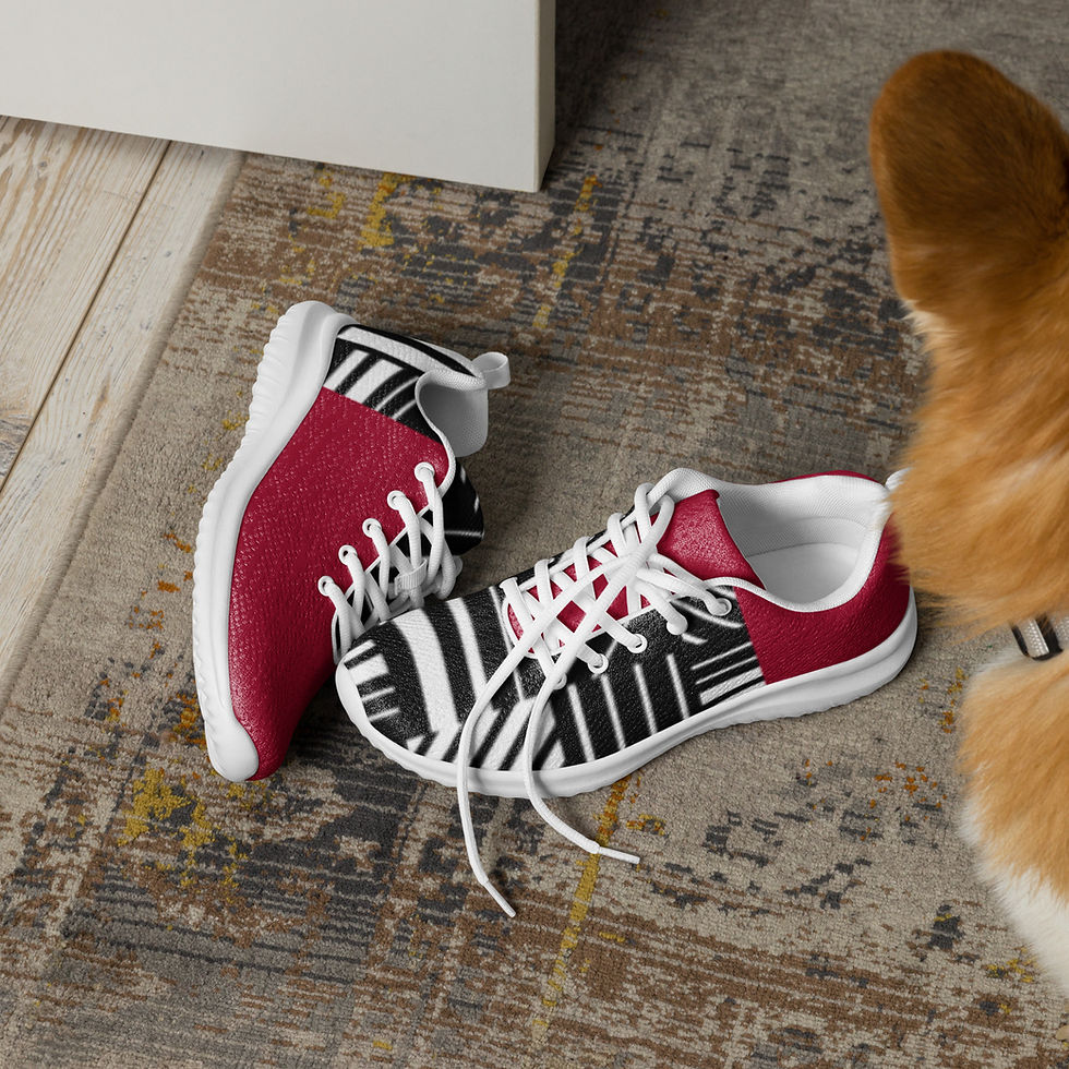 Thumbnail: Casual placement of Jus Bacchanal sneakers near dog on wooden floor, highlighting bold contrast and texture."
