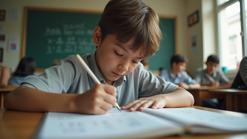 Eye-level view of a student studying math in a cozy classroom