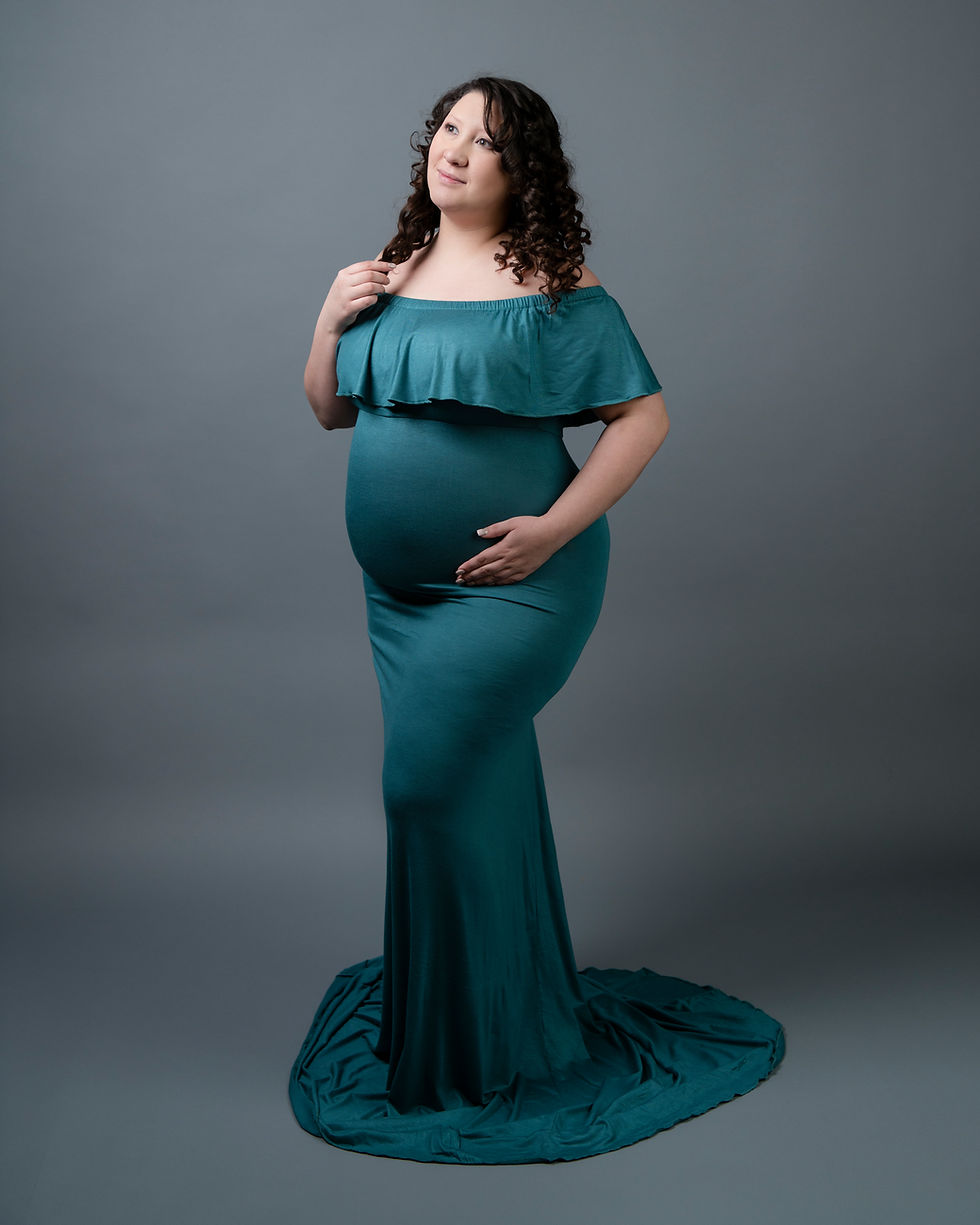 off the shoulder teal maternity gown