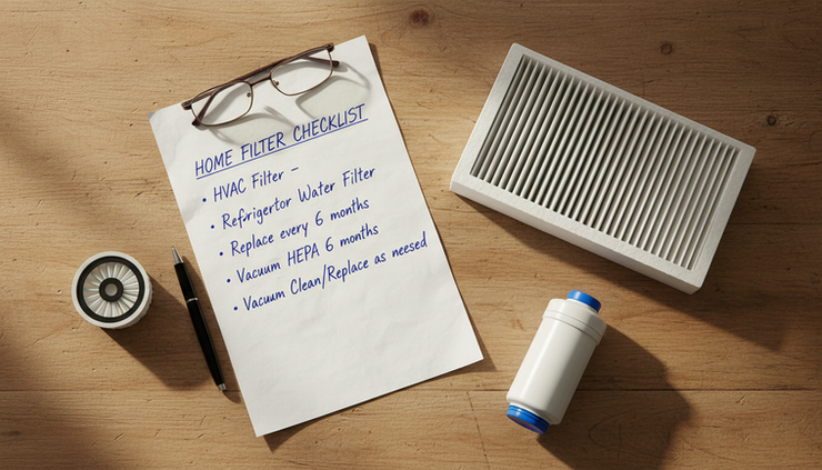 Overhead view of a home filter checklist with replacement filters on a table.