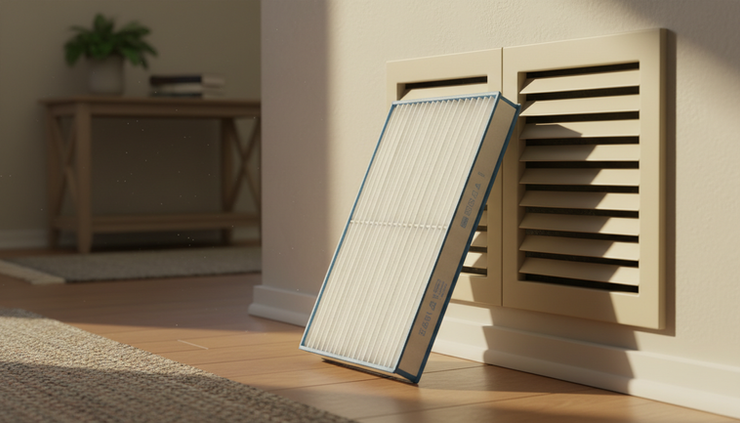 Wide-angle view of a hallway return vent with a clean pleated HVAC filter nearby.