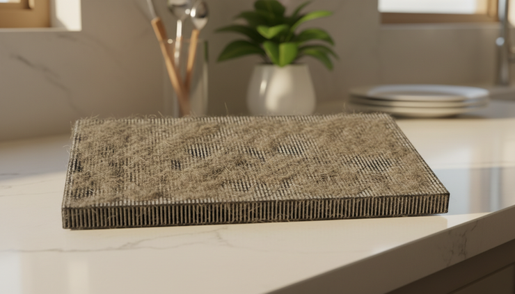 Close-up view of an air purifier pre-filter covered with dust and pet hair.