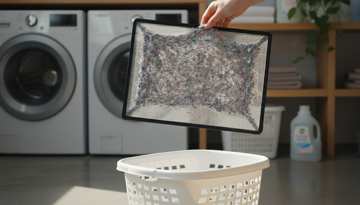 Eye-level view of a dryer lint screen being cleaned over a laundry basket.