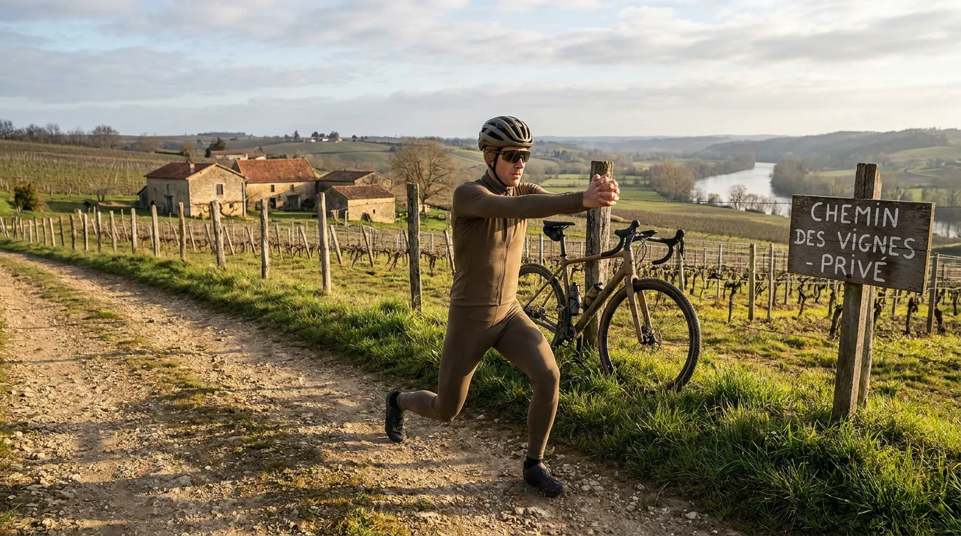 Cycliste gravel pratiquant des exercices de renforcement musculaire en extérieur dans la campagne française