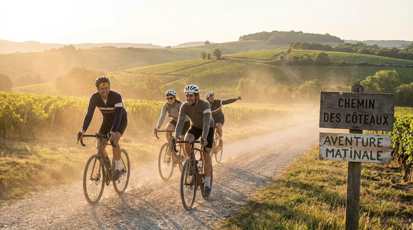 Cyclistes gravel roulant sur un chemin de terre dans la campagne française à l'aube