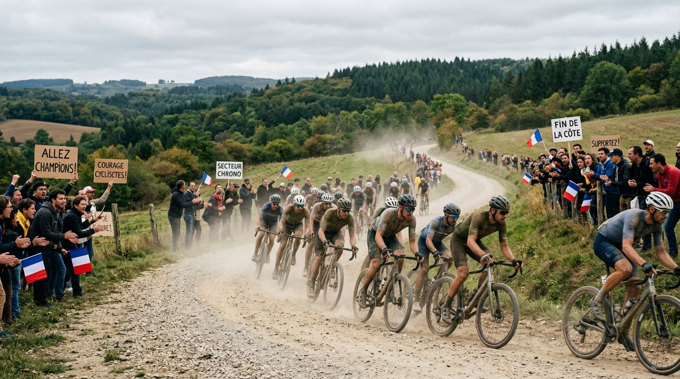 Peloton de cyclistes gravel en pleine course sur un secteur vallonné