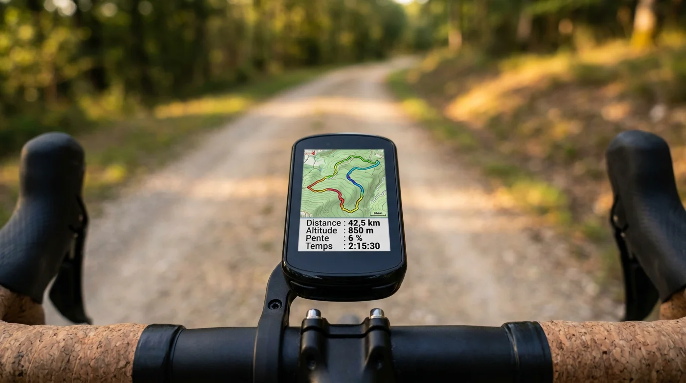 Compteur GPS vélo affichant une trace GPX sur une carte topographique en contexte gravel