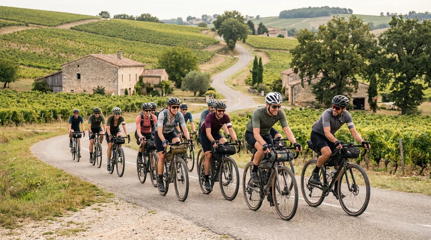 Groupe de cyclistes gravel sur une route secondaire en France avec paysage vallonné