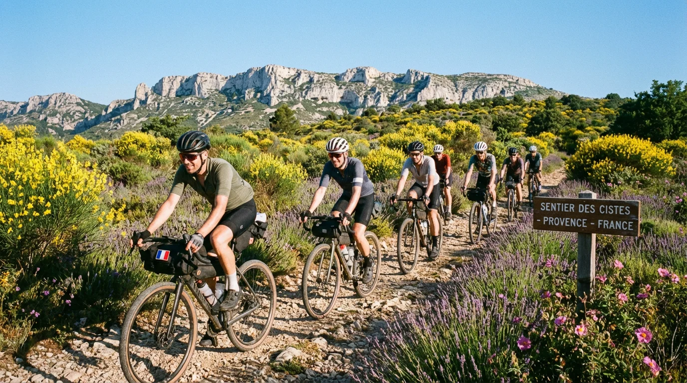 Groupe de cyclistes gravel sur un chemin de garrigue provençale au printemps près de Marseille