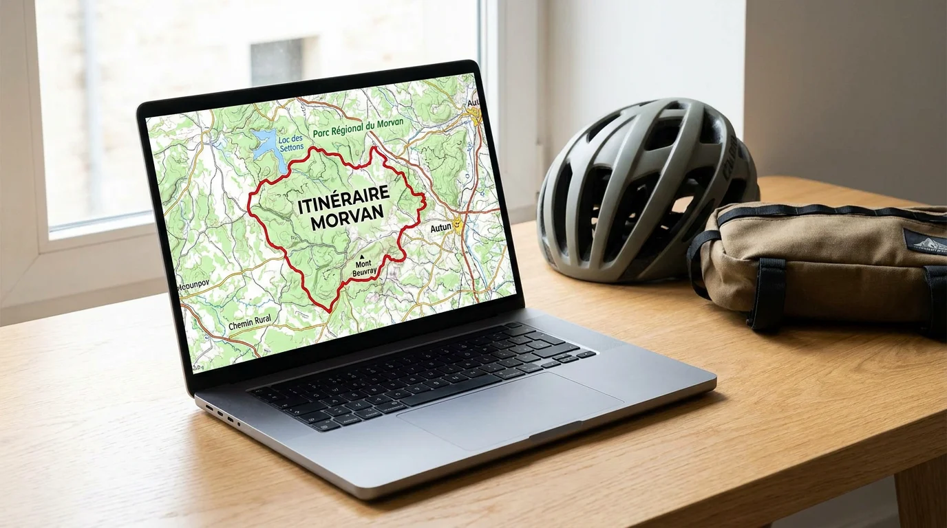 Écran affichant un tracé GPX sur carte topographique avec équipement vélo gravel