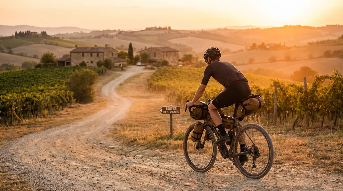 Cycliste européen roulant en gravel sur un chemin de campagne française avec sacoches de bikepacking