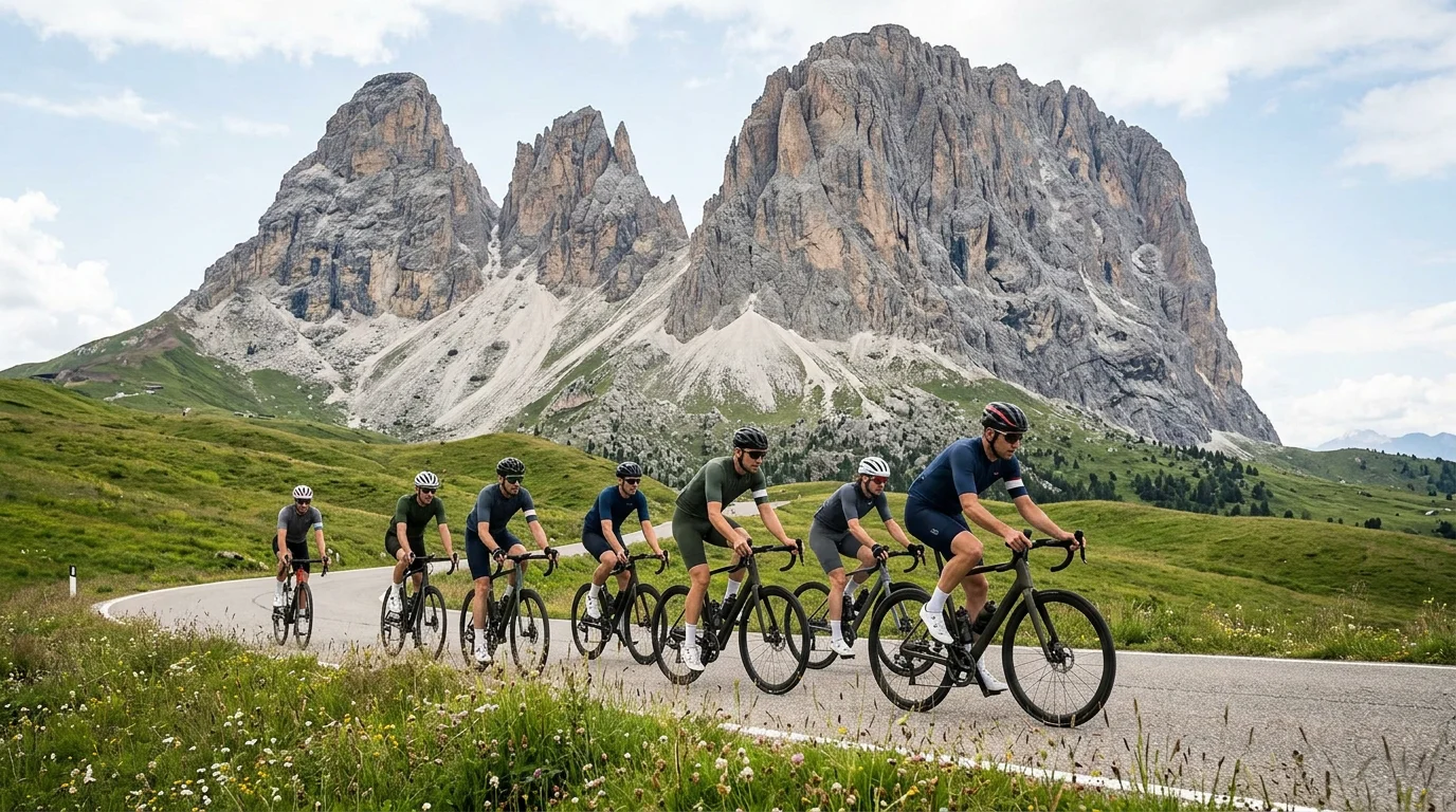 Cyclistes sur la boucle de la Sellaronda dans les Dolomites